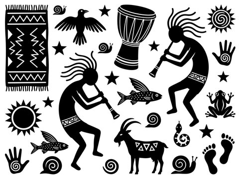 Black Tribal Symbols and Folk Art Icons Set with Kokopelli Dancers and Animals