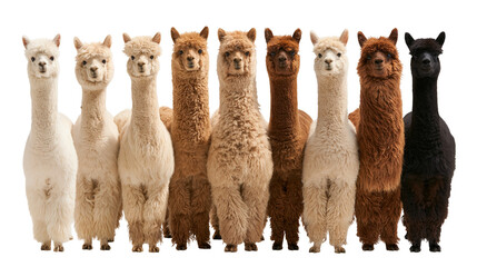 Group of eight alpacas with various fur colors standing in a row © Natalia