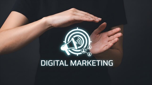 Person protecting digital marketing target icon with hands in dark studio