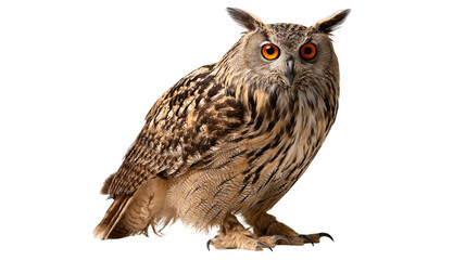 Obraz premium Eurasian eagle owl with orange eyes and brown patterned feathers