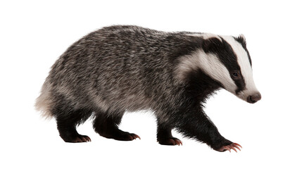 European badger with black and white striped face and coarse grey fur © Natalia