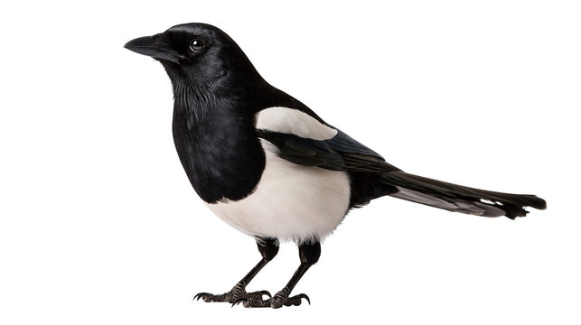 Eurasian magpie bird with black and white plumage standing in profile