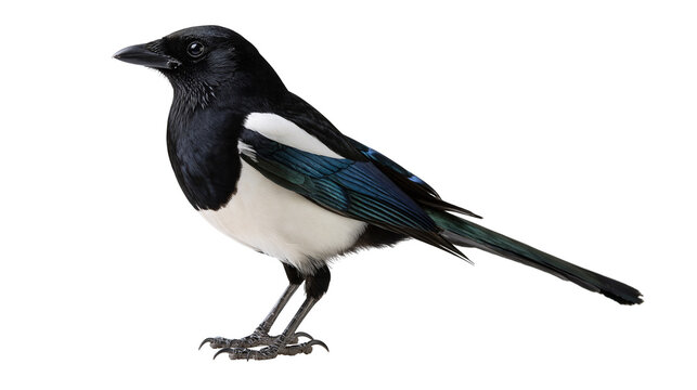 Eurasian magpie bird with black and white plumage and iridescent blue wing feathers