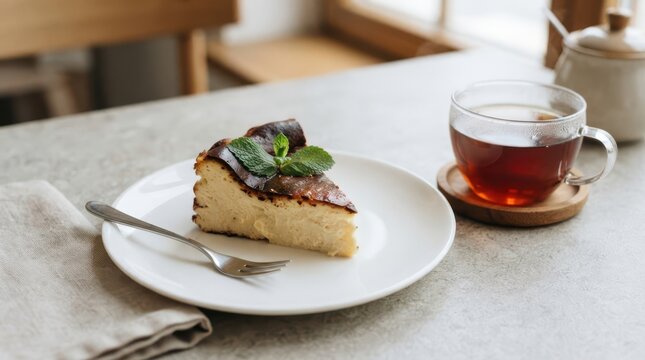 A slice of basque burnt cheesecake topped with fresh mint leaves on a white plate, served with a cup of tea on a table