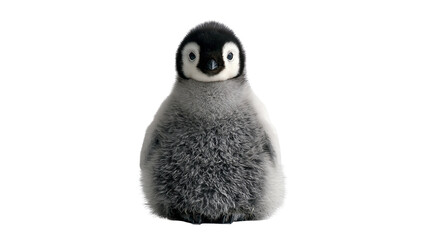 Fluffy emperor penguin chick with soft grey down feathers and black head © Natalia