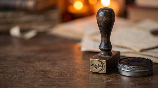Vintage wooden handle rubber stamp featuring a carved bat and crescent moon symbol resting on a dark desk
