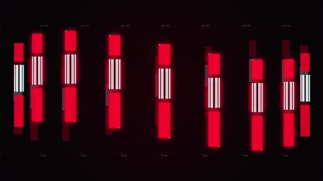 Red digital audio equalizer frequency bars animating on a dark high tech HUD background