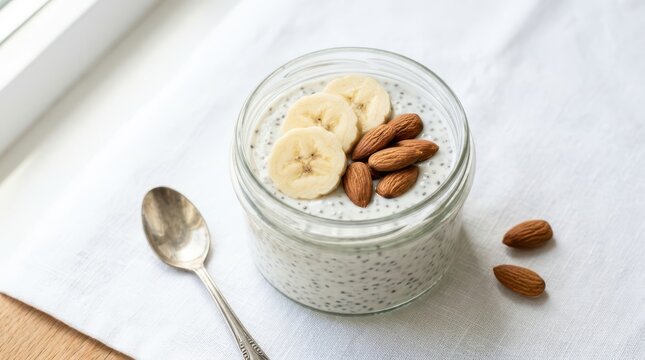 Healthy chia seed pudding in a glass jar topped with fresh banana slices and whole almonds, isolated on white background