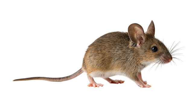 Small brown house mouse with long tail and whiskers standing on side profile