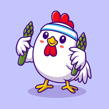Cute Chicken Holding Asparagus Cartoon 