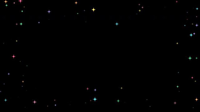 star sparkle frame with rainbow neon glowing particles border around copy space on black background
