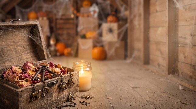 Wooden box filled with dry rose petals and vintage metal keys illuminated by candle light inside room