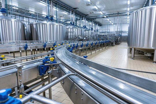 The Stainless Steel Tank System with Curving Conveyor in a Modern Processing Plant