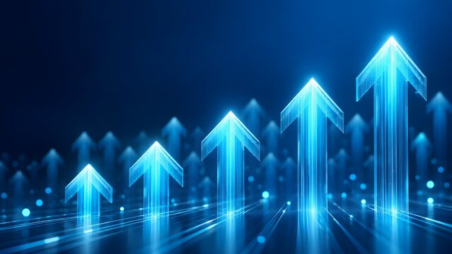 Ascending row of glowing blue wireframe arrows rising from a digital grid floor symbolizing exponential business growth, financial progress, and data analytics