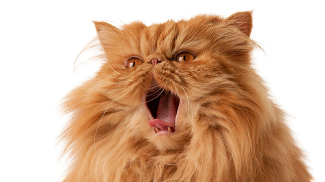 Fluffy ginger Persian cat with open mouth and visible tongue