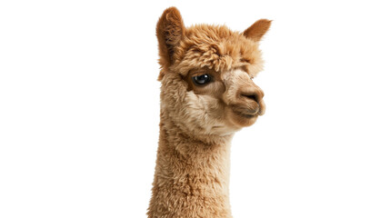 Fluffy brown alpaca head portrait with soft woolly fur and curious dark eyes © Natalia