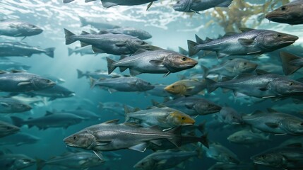 Naklejka premium The School of Fish Swimming Through Sunlit Underwater World Among Coral Reefs
