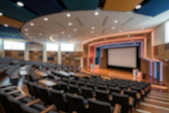 Blurred empty seminar room with rows of chairs, a presentation screen, and modern interior lighting, representing corporate training, education, conferences, and professional events.