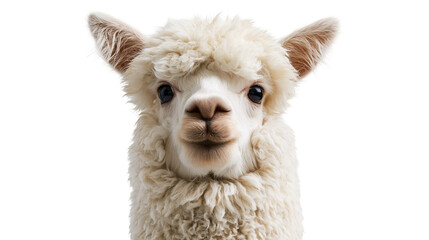 Fluffy white alpaca head portrait with soft woolly fur and dark expressive eyes © Natalia