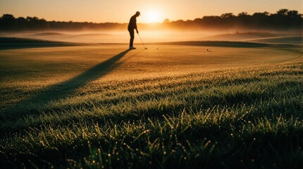 Fototapeta premium Silhouette of lone golfer playing on misty fairway at sunset. Golden hour sun creates dramatic shadows on dew covered grass. Man practices golf swing during tranquil evening on luxury course.