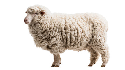 Fluffy white sheep standing in profile view with thick curly wool fleece © Natalia