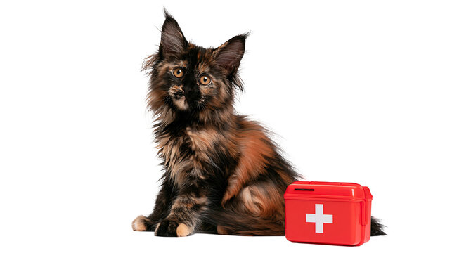 Tortoiseshell Maine Coon kitten sitting next to a red plastic first aid kit box