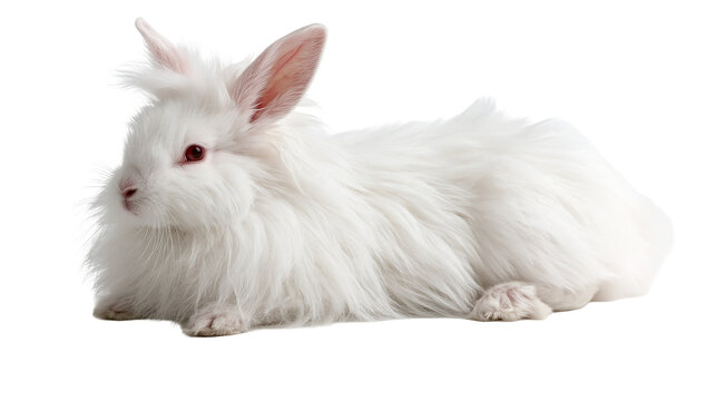 Fluffy white Angora rabbit with long fur and red eyes lying down