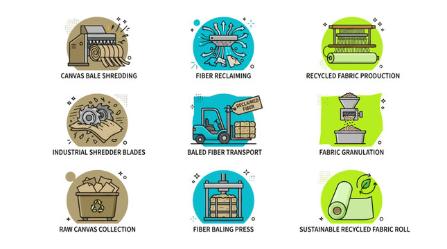 Sustainable textile recycling and fabric production icon set.