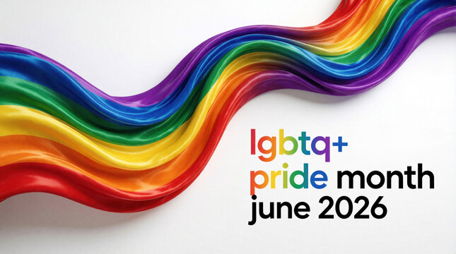 Rainbow colored wave flows across white background. Vibrant silk fabric texture shows LGBTQ pride month June 2026. Colorful spectrum design diversity inclusion, human rights. Graphic banner for queer