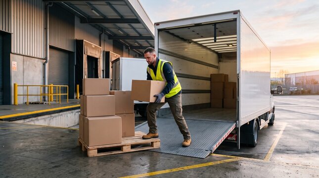 Warehouse worker carefully loads boxes onto a pallet for shipment from a truck at a loading dock