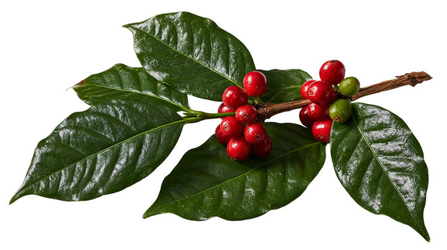Fresh green coffee branch with ripe red and unripe green coffee cherries
