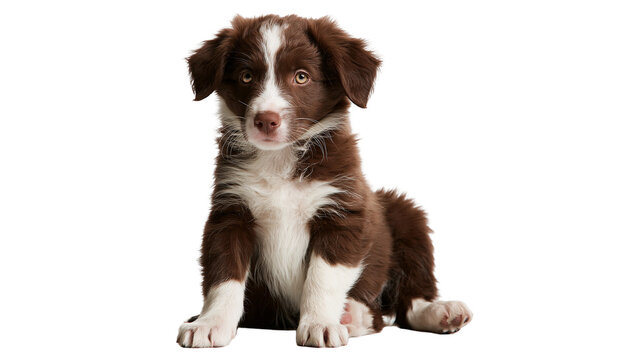 Brown and white Australian Shepherd puppy sitting and looking forward