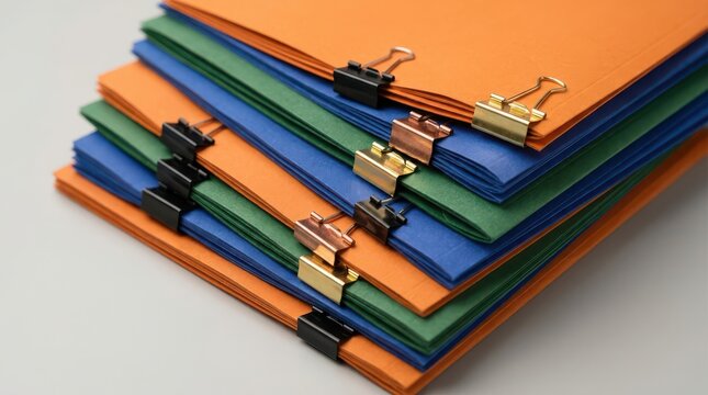 A stack of colorful folders secured with metal binder clips