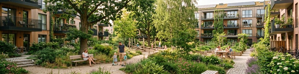 Fototapeta premium People are gathered in a green architecture setting, interacting and enjoying the natural environment. The space features plants, trees, and