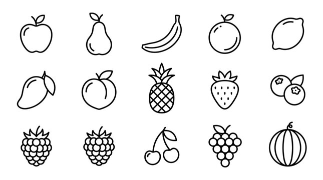 Fruits and Berries Flat Line Icon Set  Editable Stroke Vector Collection for Organic Food Store and Fresh Produce