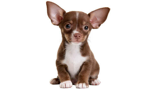 Small brown and white chihuahua puppy sitting with large ears and big eyes
