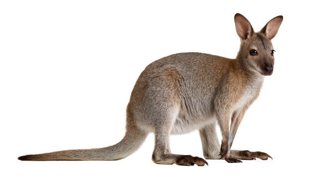 Full body side view of a brown wallaby standing alert