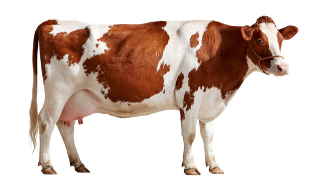 Brown and white spotted dairy cow with a rope halter standing in profile