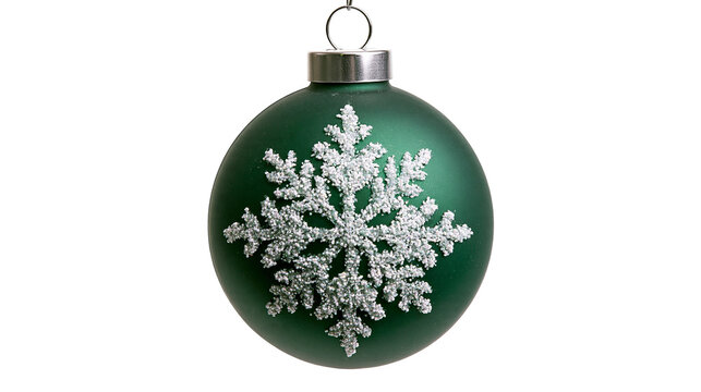 Matte dark green Christmas ornament bauble with silver glitter snowflake pattern