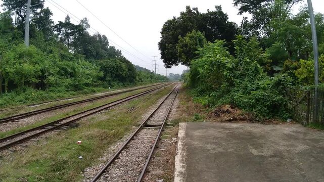 Empty rural railway tracks through green trees on cloudy day