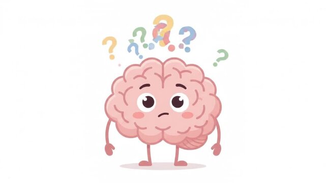 An animated brain character expressing confusion with floating question marks