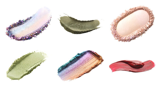 Set of colorful cosmetic makeup swatches including glitter pigment eyeshadow paste and powder isolated on transparent background for beauty design and commercial projects collection