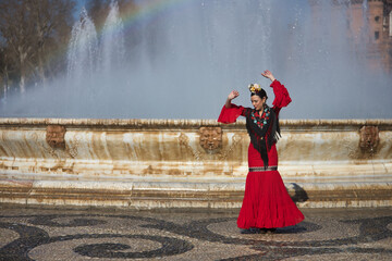 An Andalusian woman, wearing a red flamenco dress and a black shawl, with flowers in her hair, dancing flamenco next to a beautiful fountain in Seville’s Spain Square. A concept of dance and art. © Manuel