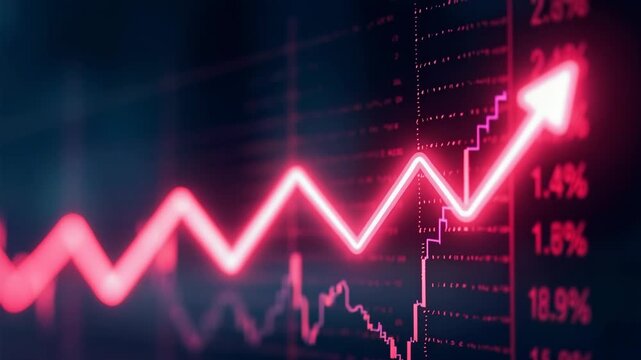Glowing neon business graph arrow illustrates saw pattern animation. Rising neon colored line graph showing upward trend in stock market. business chart growth concept black background..