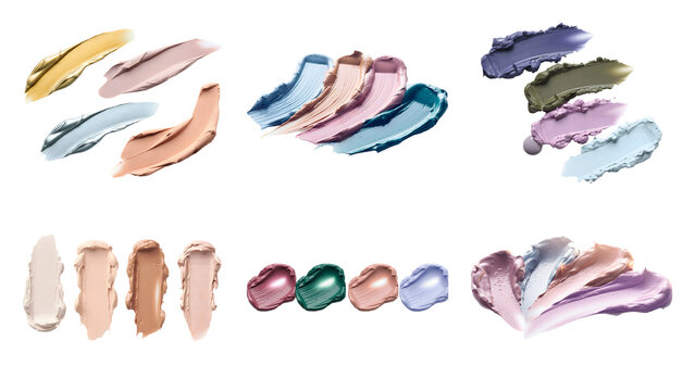 Cosmetic makeup product smudges and smears set isolated on a transparent background featuring various colorful cream textures and fluid foundation color swatches for beauty design and digital