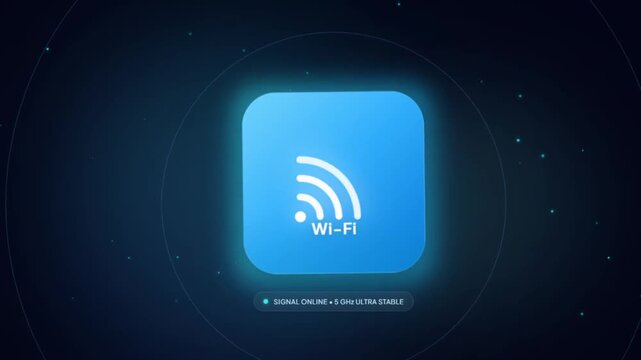 Wi-Fi motion graphic vector icon with pulsing signal waves and glowing blue ambient background