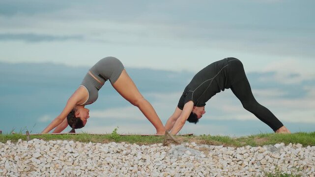 Two people stretch in a calm downward dog pose. They stand on grass near pebbled ground under soft sky. Their focus shows peaceful