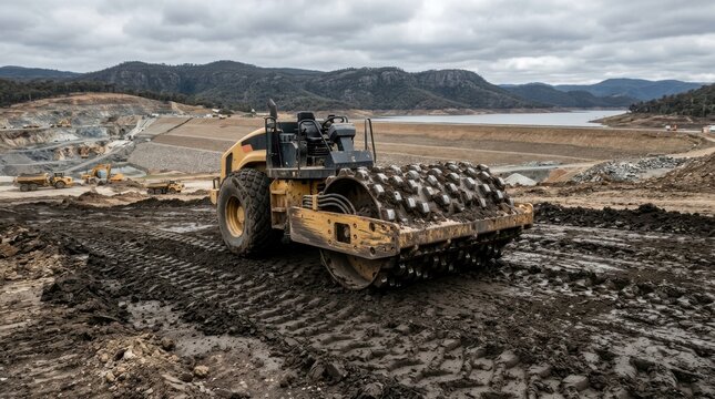 Heavy roller compactor machine working on muddy construction site near reservoir