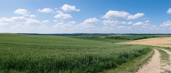 Obraz premium Wide panoramic view of rolling green agricultural fields under a blue sky with scattered clouds, featuring a dirt path winding through the farmland