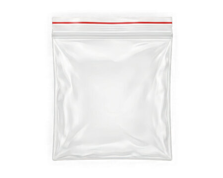 Empty transparent plastic ziplock bag with red seal isolated on transparent background